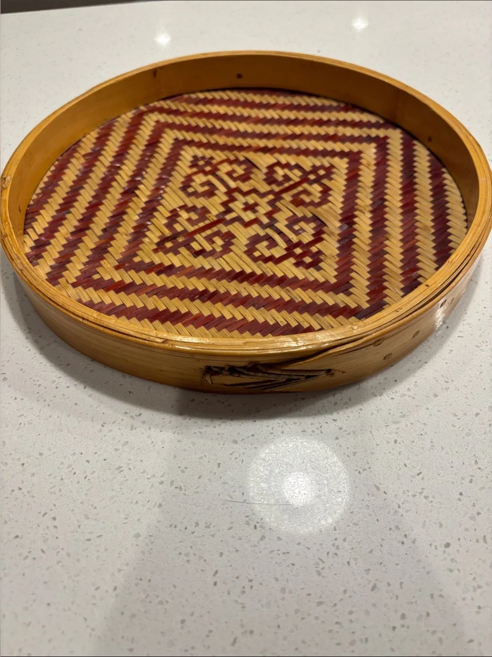 Round Bamboo Serving Tray - Geometric Hand-Woven Sieve Basket